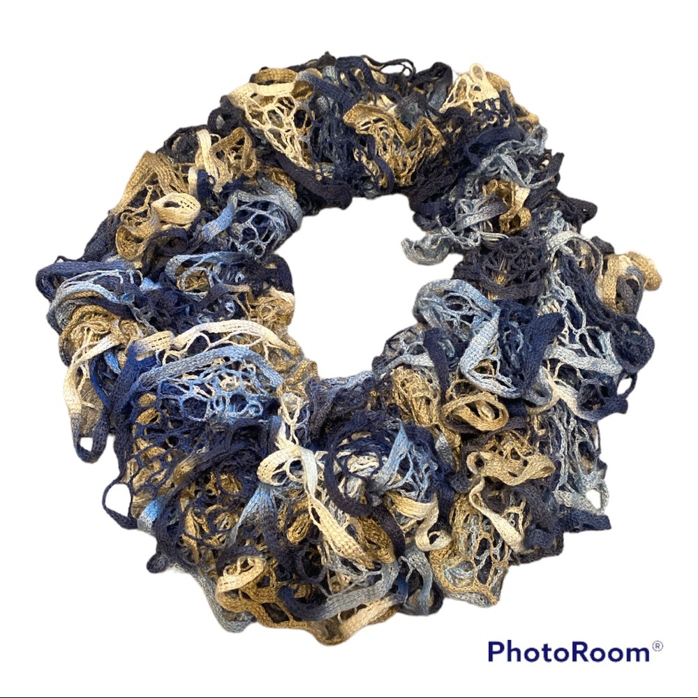 Crocheted Boa Scarf Blue, White & Tan